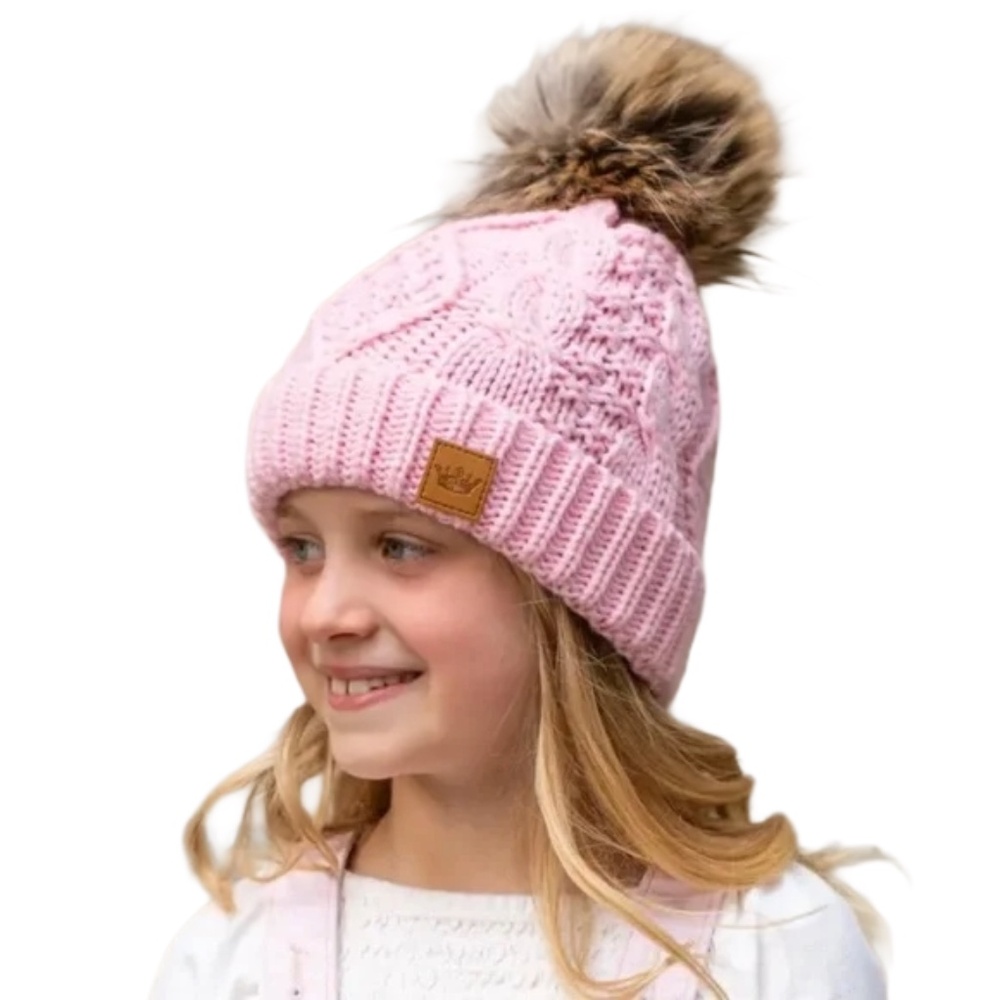 Panache Kids pink cable knit hat with pom accent (65)
